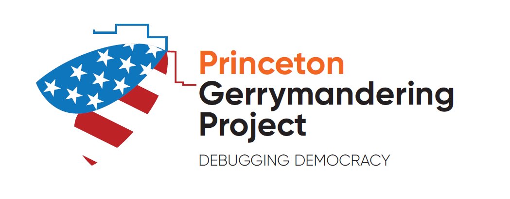 Princeton Gerrymandering Project logo featuring a blue star-studded shape and orange 'Princeton' beside black 'Gerrymandering Project' text with the tagline 'DEBUGGING DEMOCRACY' below.