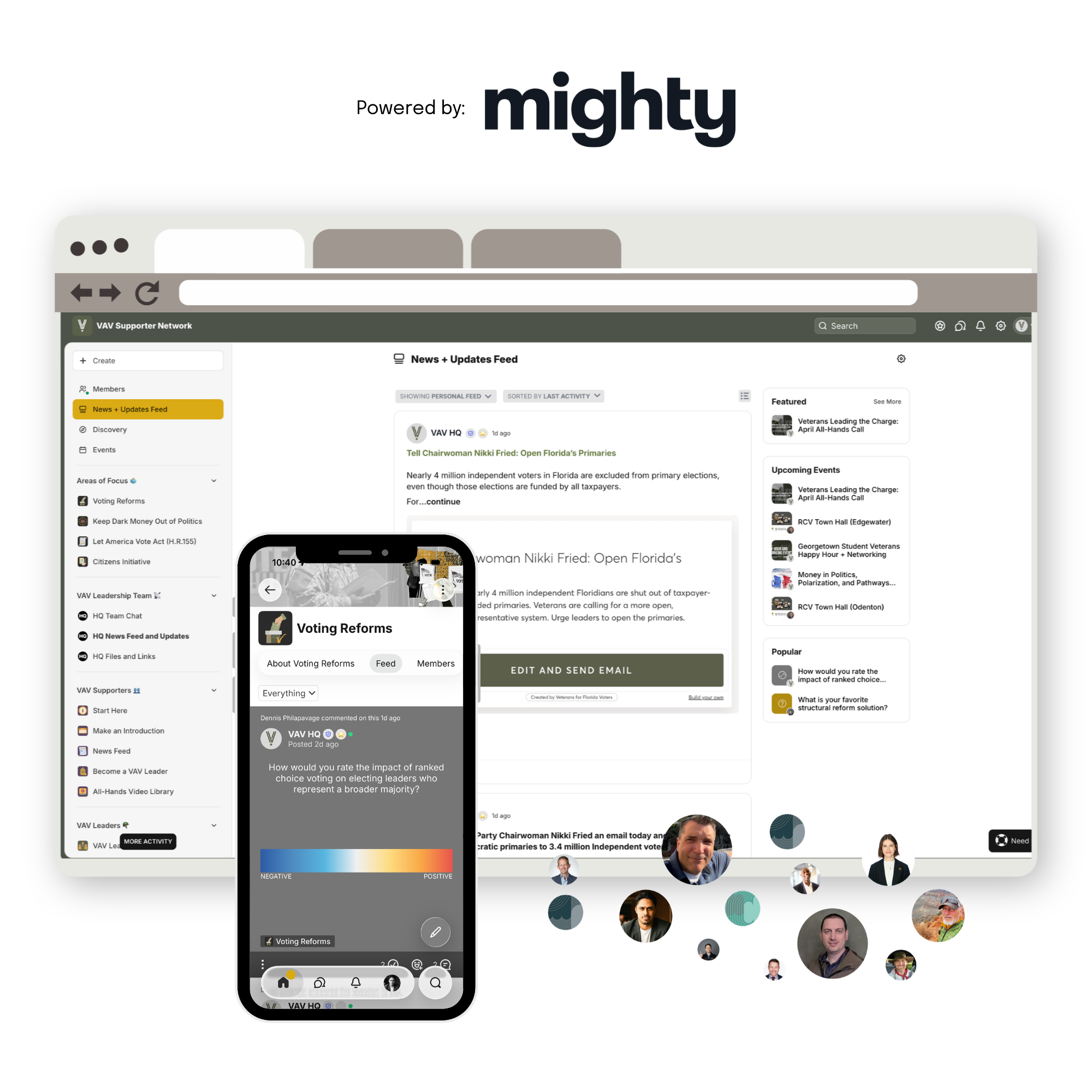 Collage of desktop and mobile UI showing a political news feed with a 'Voting Reforms' post and left navigation panel.