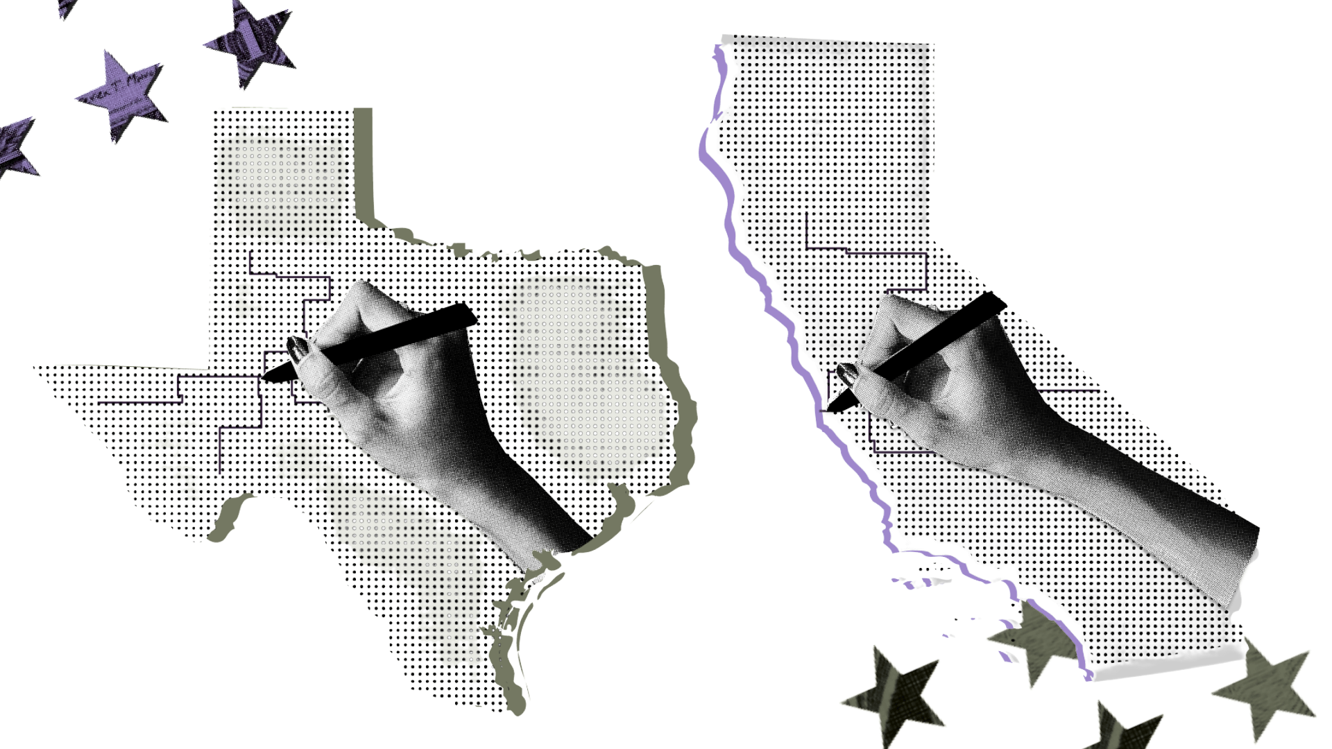 Abstract collage of two hands drawing with markers on halftone map-like panels, with purple star shapes scattered around