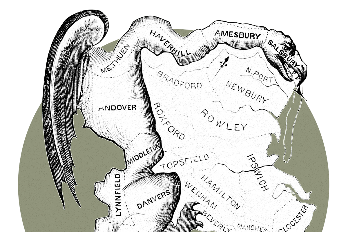 Vintage engraving-style map of towns (Andover, Haverhill, Newbury, Danvers, Topsfield, Beverly, Wilmington) arranged within the torso of a winged figure against a black background, with an olive-green circular backdrop.