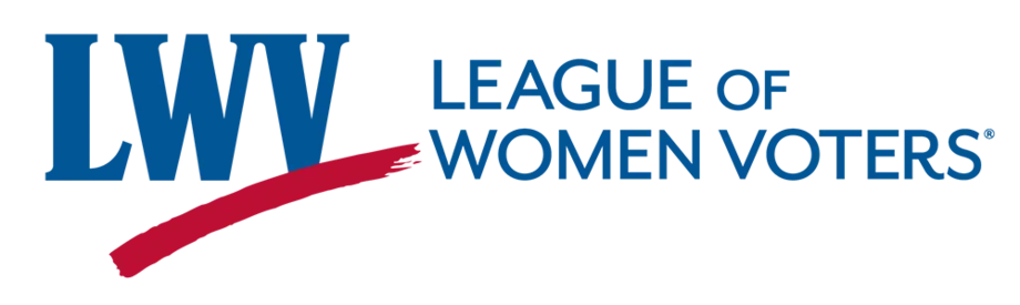 League of Women Voters logo: blue 'LWV' initials with 'League of Women Voters' text and a red curved underline.