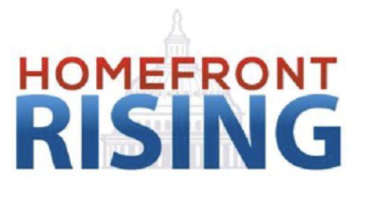 Logo for Homefront Rising: red 'HOMEFRONT' text above blue 'RISING' with a faint capitol dome silhouette in the background.