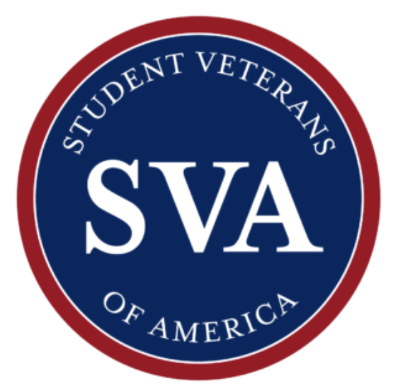 Circular blue emblem with white 'SVA' initials in center and 'Student Veterans of America' around the edge, red outer ring.