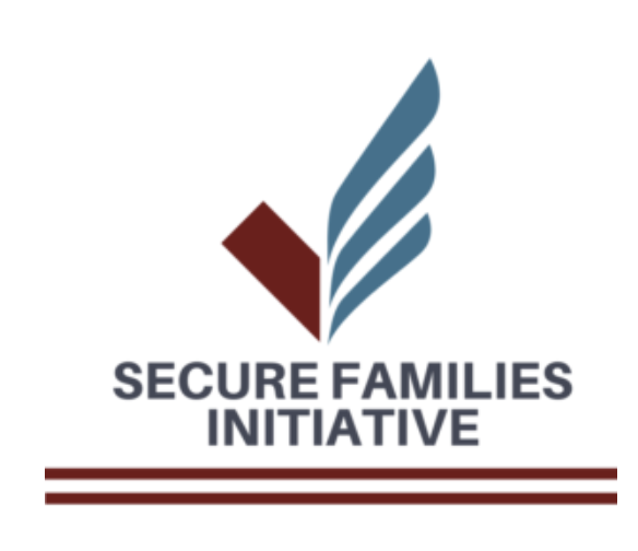 Logo for Secure Families Initiative: maroon shield shape with a blue abstract wing and bold gray text, plus two maroon stripes beneath.