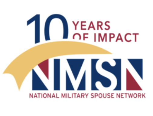NMSN logo: '10 Years of Impact' with blue and red text, yellow swoosh over the letters 'NMSN', and 'National Military Spouse Network' below.