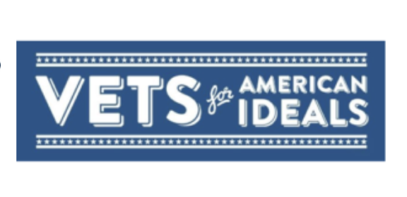 Blue rectangular logo reading 'VETS for AMERICAN IDEALS' with white star borders on a dark blue background.