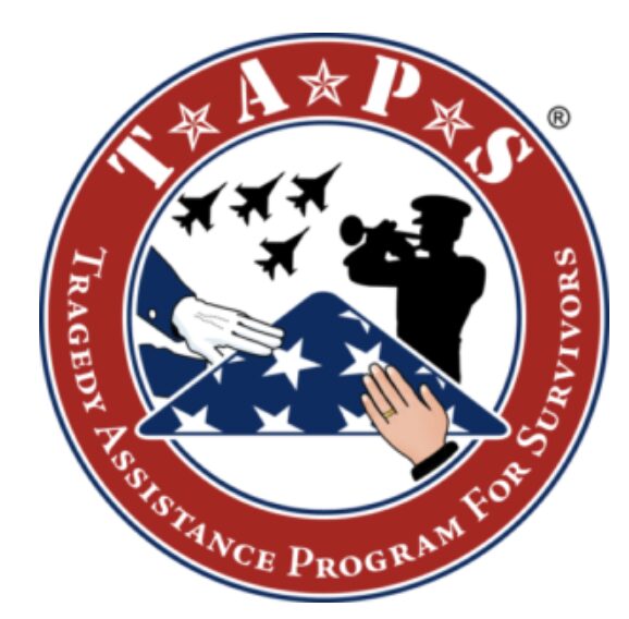 TAPS logo: red circular badge reading 'Tragedy Assistance Program for Survivors' around the edge, with an inner scene of a folded American flag, hands guiding it, and a saluting service member in the background.