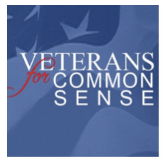 Logo for Veterans for Common Sense with white text and a red 'for' on a blue background