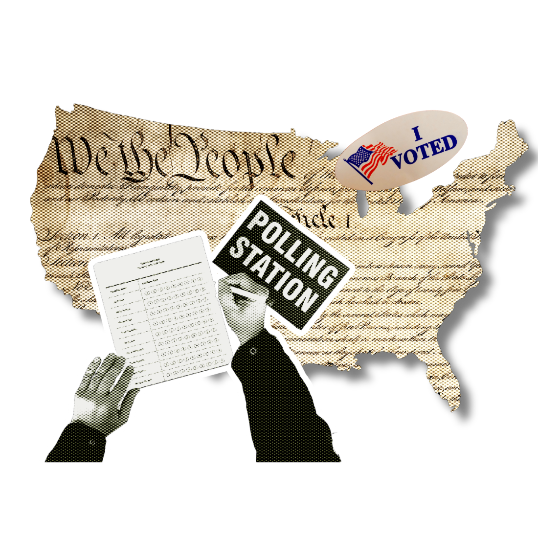 Collage of US election elements: ballot being marked, polling station sign, and an 'I Voted' sticker over a map of the United States.