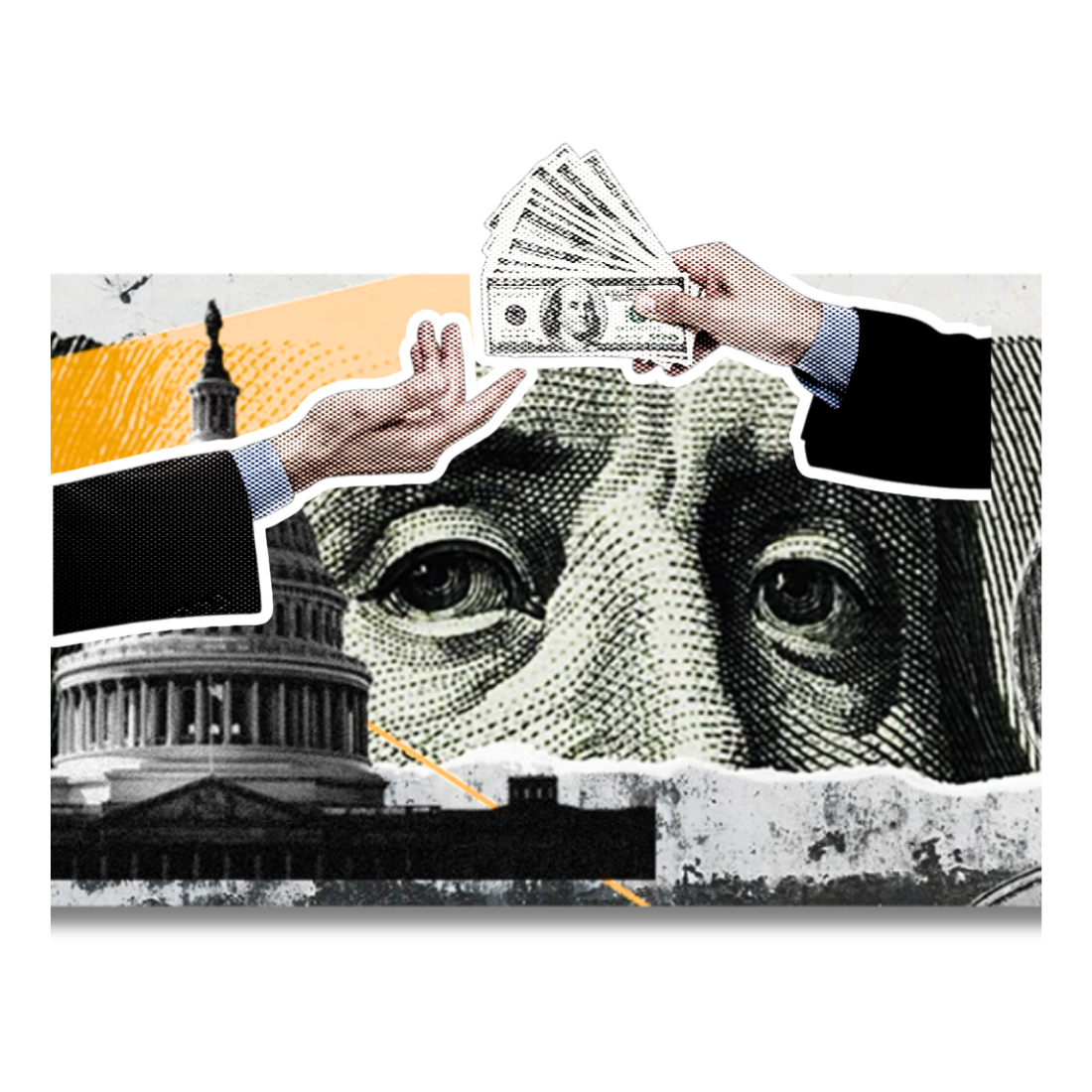 Collage of two hands exchanging cash over a dollar bill portrait with the Capitol dome in the background, implying bribery or influence.