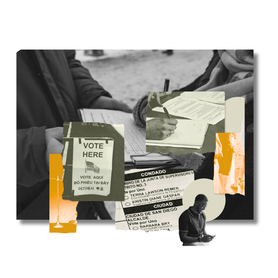 Collage of voting elements: a 'Vote Here' sign, ballots, and people filling out forms, emphasizing civic participation.