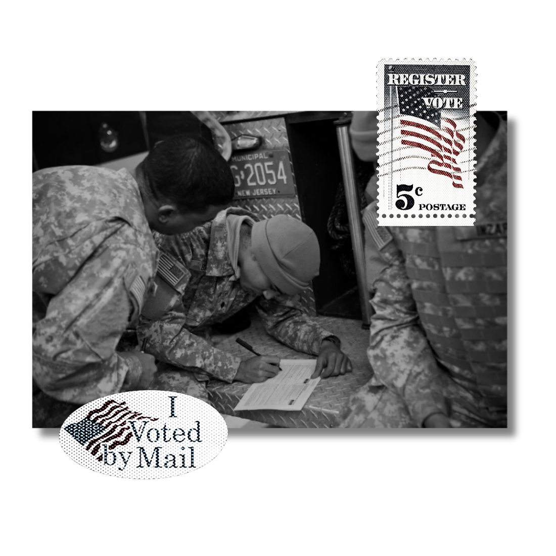 Military personnel in uniform fill out a ballot or form inside a vehicle, indicating voting while deployed.