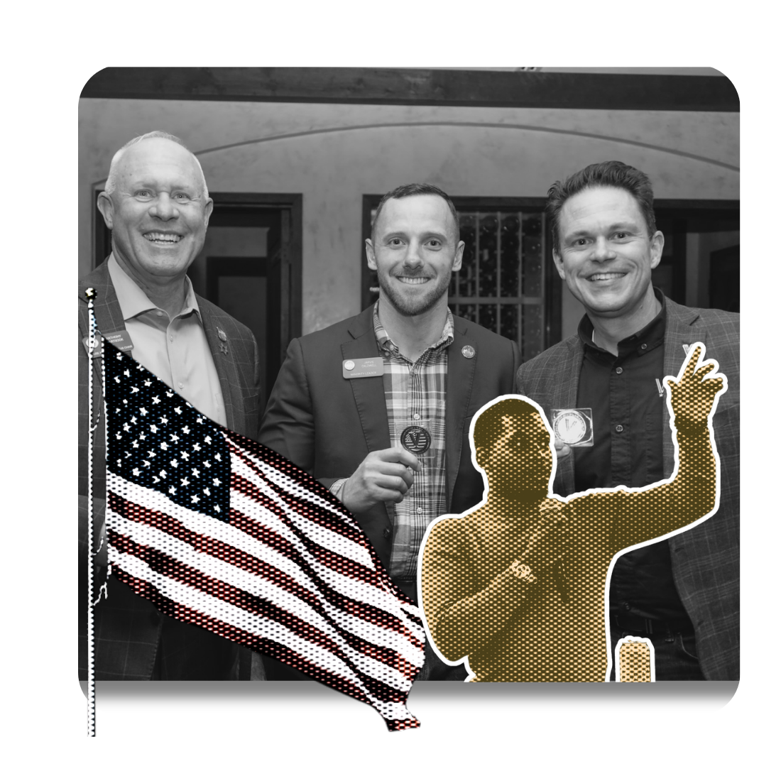 Three men in suits posing indoors for a photo, with a bold American flag graphic and a gold, raised-arm silhouette in the foreground signaling celebration or achievement.