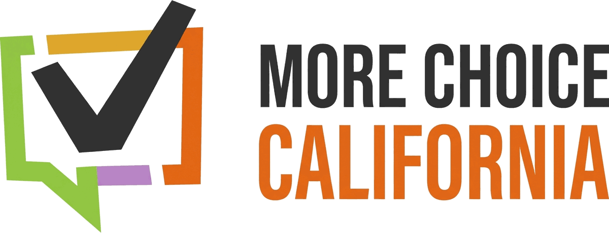 Colorful logo with lime green and orange brackets forming a speech-bubble shape beside the word CALIFORNIA in orange gradient.
