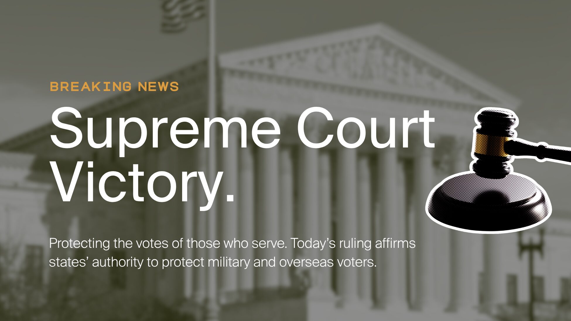 Breaking news banner: Supreme Court victory with a gavel over a blurred Supreme Court building in the background, orange 'BREAKING NEWS' text.