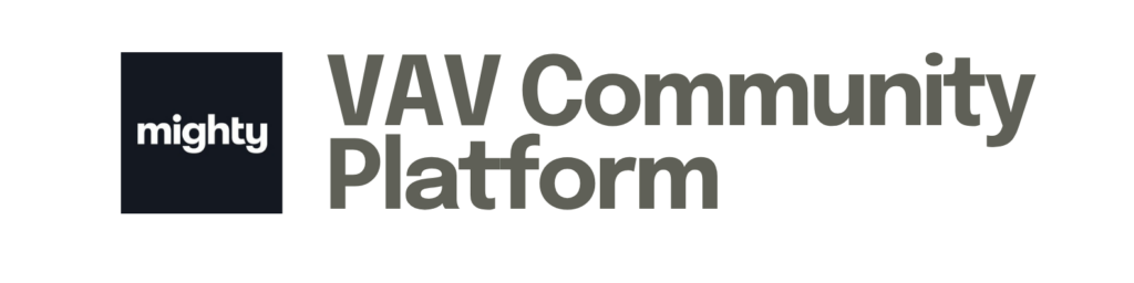 Logo showing the Mighty wordmark in a dark square, next to the gray text 'VAV Community Platform'.