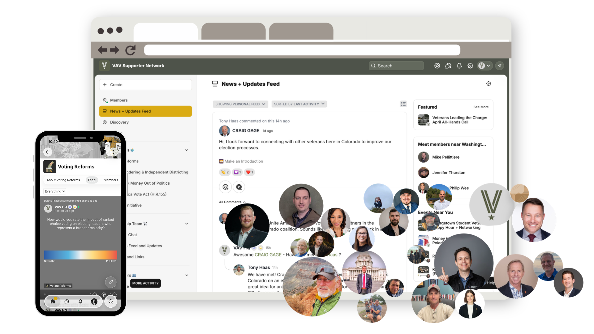 collage of a desktop social network interface and a mobile app for 'Voting Reforms', with numerous circular user avatars around the screens